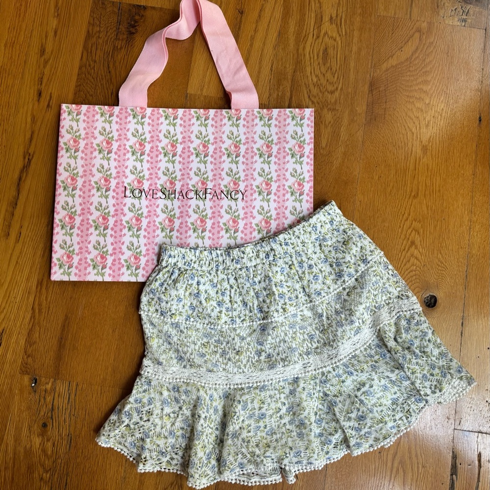LoveShackFancy Floral Mini Skirt in Blue and Cream